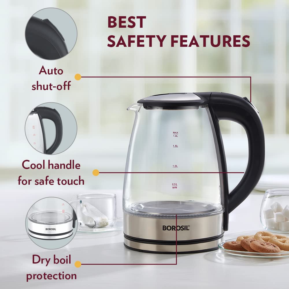 Borosil Electric Glass Kettle, Borosilicate Glass, Extra Long Cord, Dry-Boil Protection, 360° Rotating Base, 1.8 L, Transparent, 1500 Watts