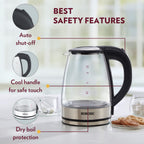 Borosil Electric Glass Kettle, Borosilicate Glass, Extra Long Cord, Dry-Boil Protection, 360° Rotating Base, 1.8 L, Transparent, 1500 Watts
