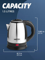 Milton Euroline Go Electro 1.5 Stainless Steel Electric Kettle, 1.5 Litres, Silver, Power Indicator, 1350 Watts, Auto Cut-off, Detachable 360 Degree Connector, Boiler for Water, Instant noodles