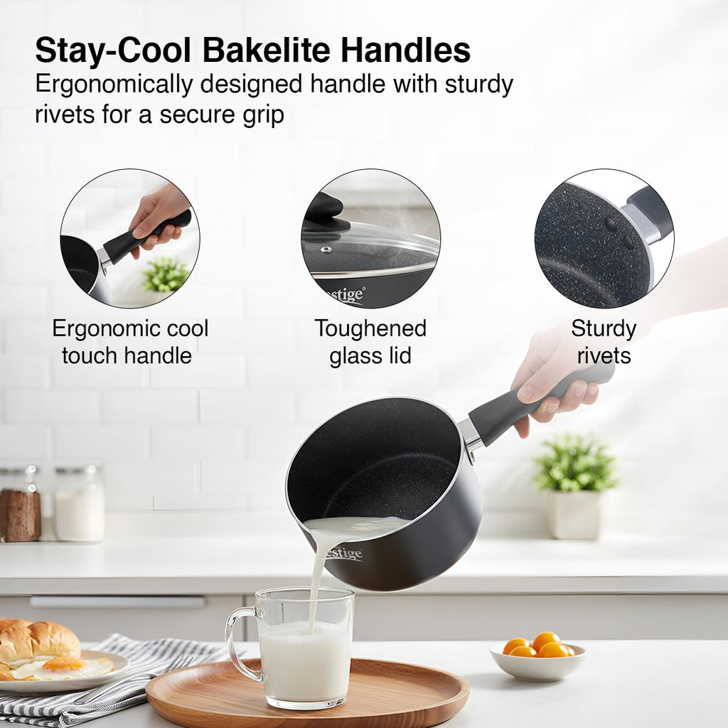 Prestige Omega Deluxe Granite Non Stick Milk Pan with Lid,16Cm Black,1.5 Liter