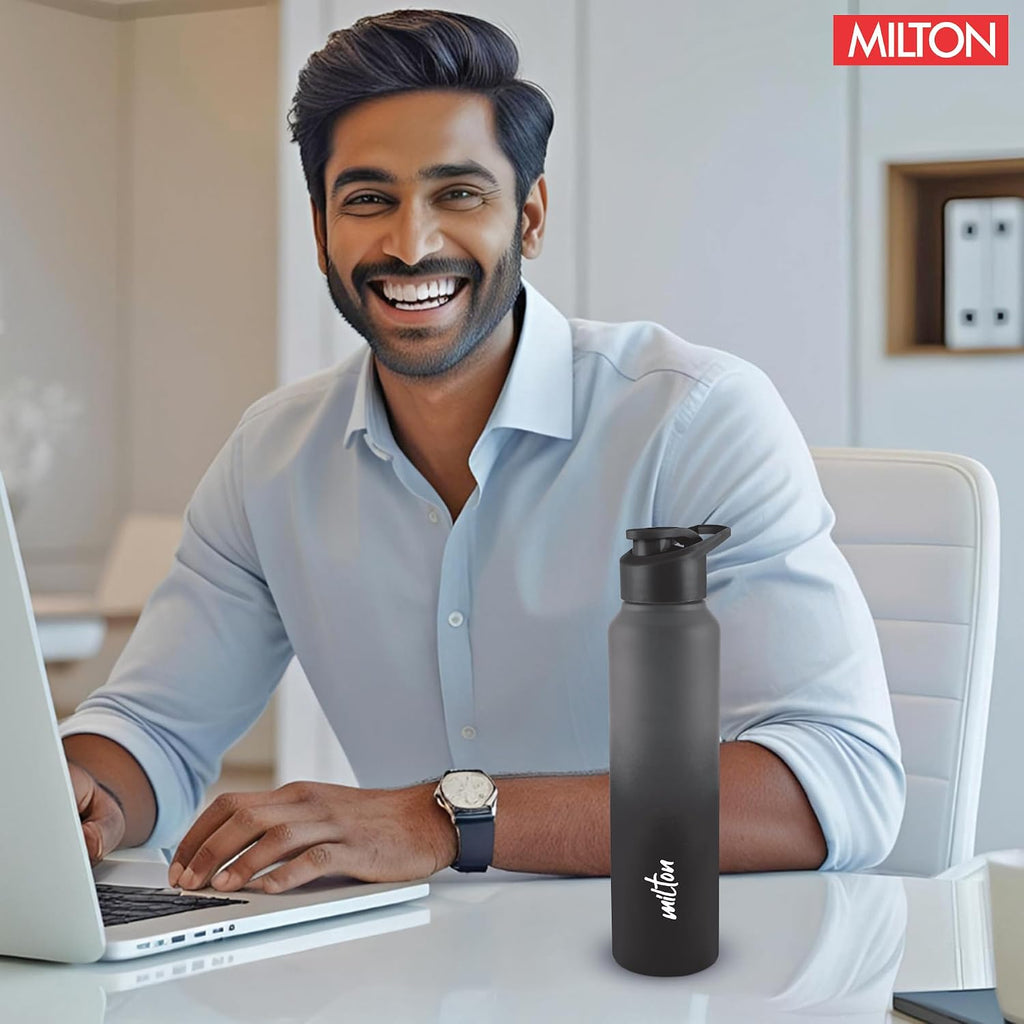 MILTON Torino 1000 Stainless Steel Water Bottle, Leakproof Lid, Single Walled, ISI Certified I For School, Office, Gym I 980 ml, Grey & Black
