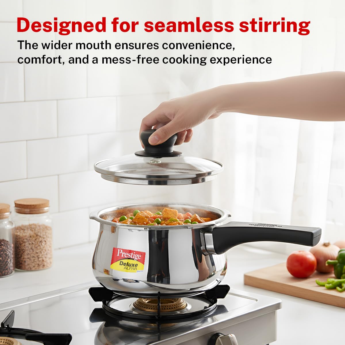 Prestige Deluxe Alpha Svachh Stainless Steel Pressure Cooker 1.5L With Glass Lid (With Deep Lid For Spillage Control )