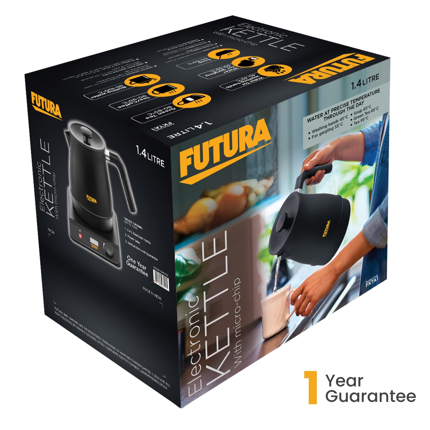 Hawkins Stainless Steel Futura 1.4 Litre Electronic Smart Kettle with Micro-Chip, Electric Hot Water Kettle for Tea, Coffee, Soup, Gargling, Black (FKTA1), 1200 Watts