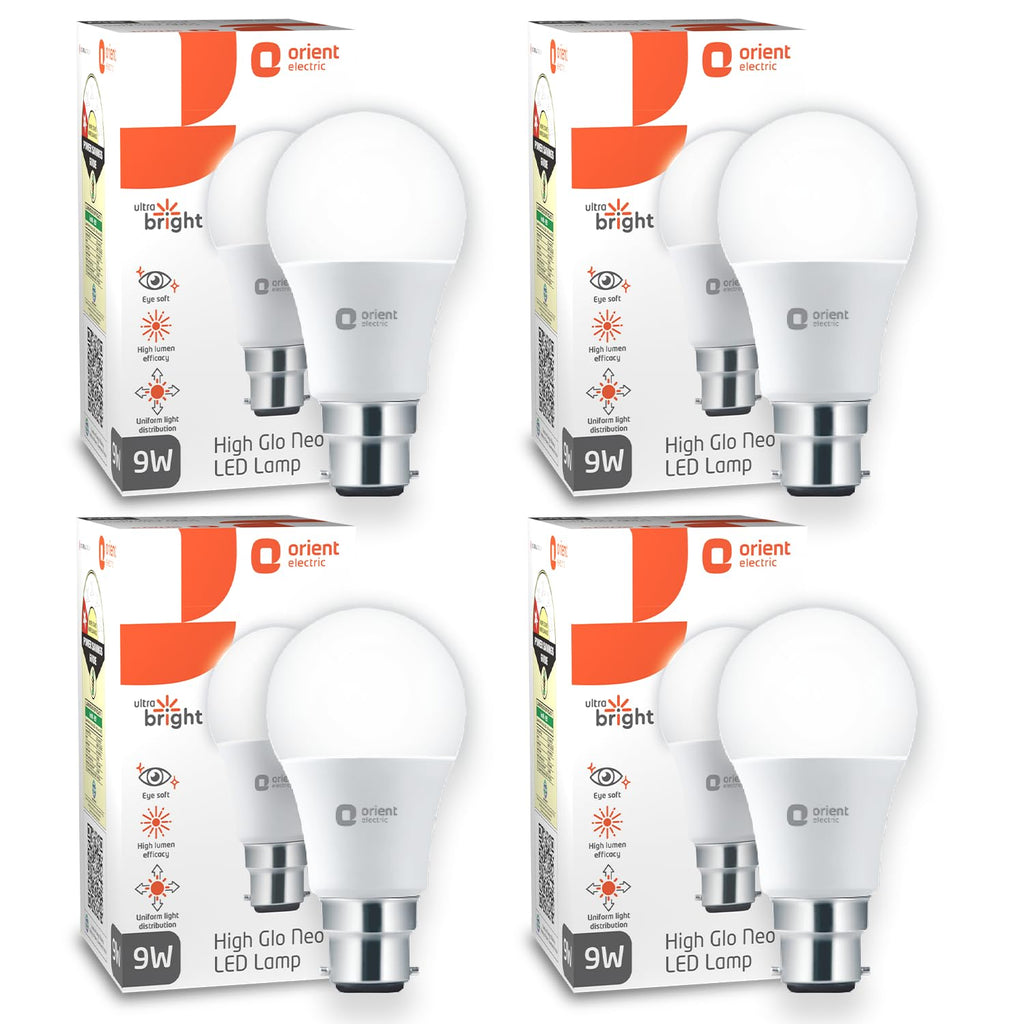 Orient Electric Polycarbonate High Glo Led Lamp 9W, (Warm White, 3000K, B22 - Pack Of 4)