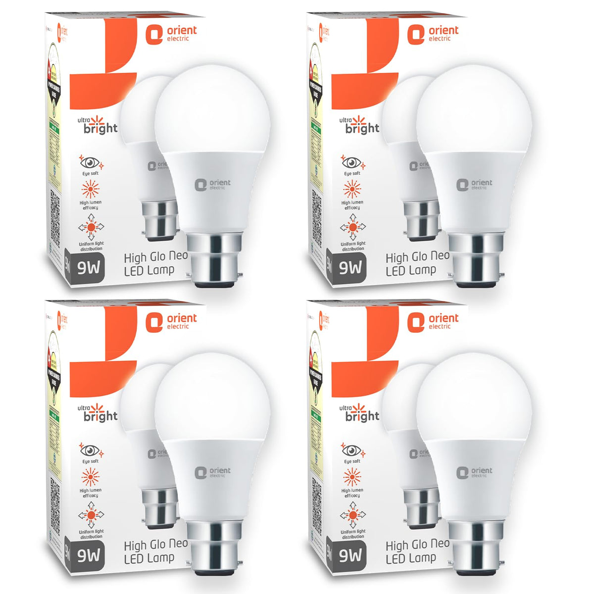 Orient Electric Polycarbonate High Glo Led Lamp 9W, (Warm White, 3000K, B22 - Pack Of 4)