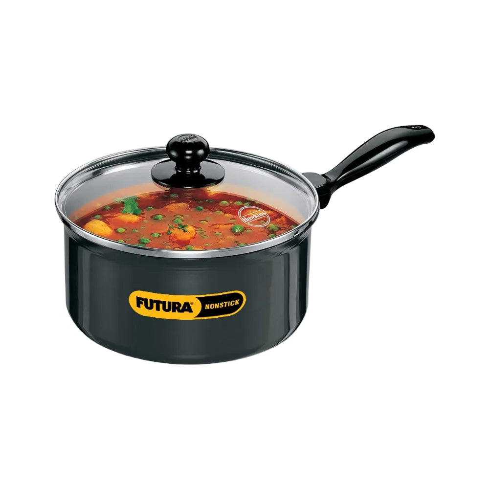 Hawkins Futura 3 Litre Saucepan, Non Stick Sauce Pan with Glass Lid, Small Sauce Pan, Black (NS30G)