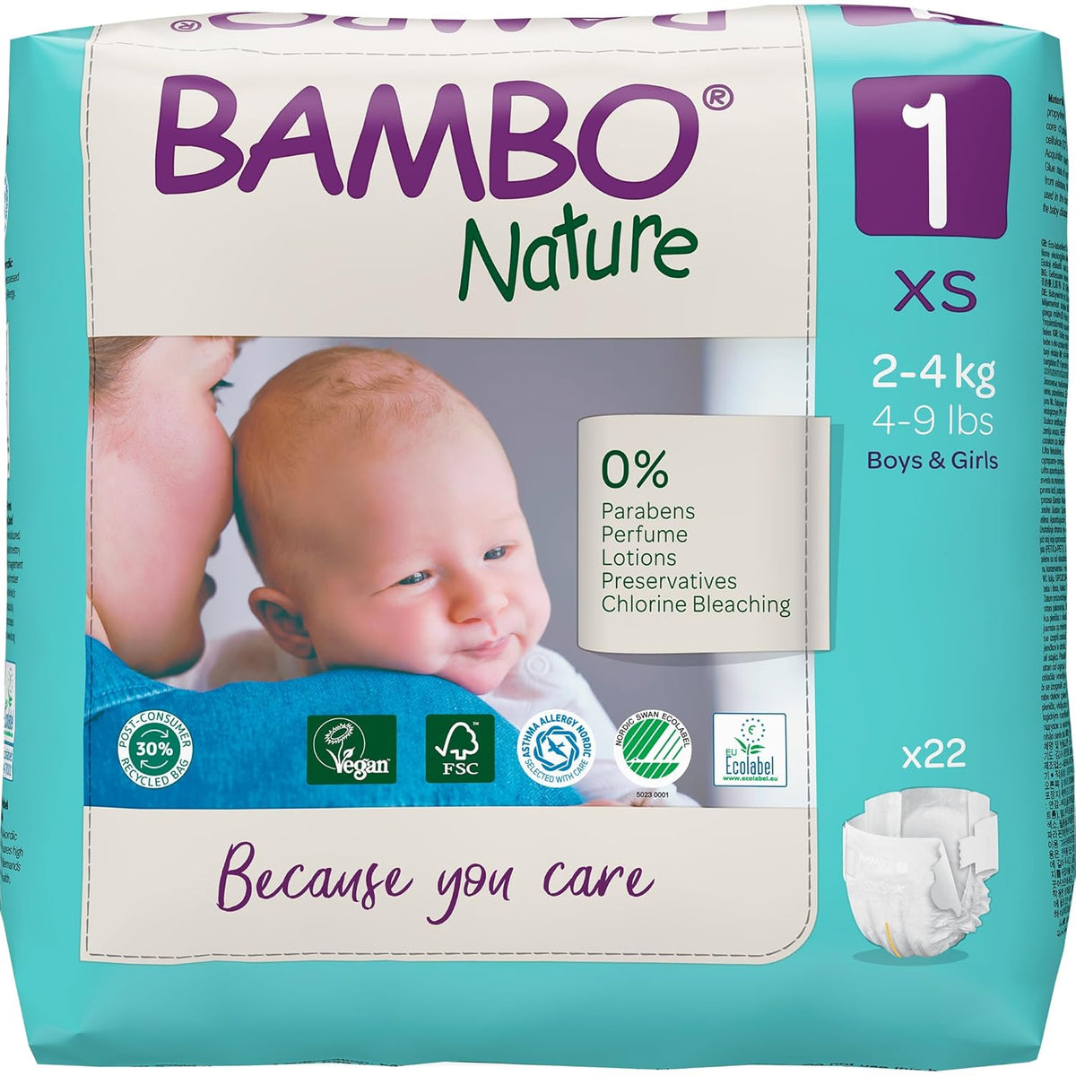 Bambo Nature Premium Baby Tape Diapers for New Born Baby XS Size (2-4 Kgs) - Super Absorbent, Breathable, Extra Soft, Dermatologically Tested, Hypoallergenic Nappies With A Wetness Indicator, 22 Count
