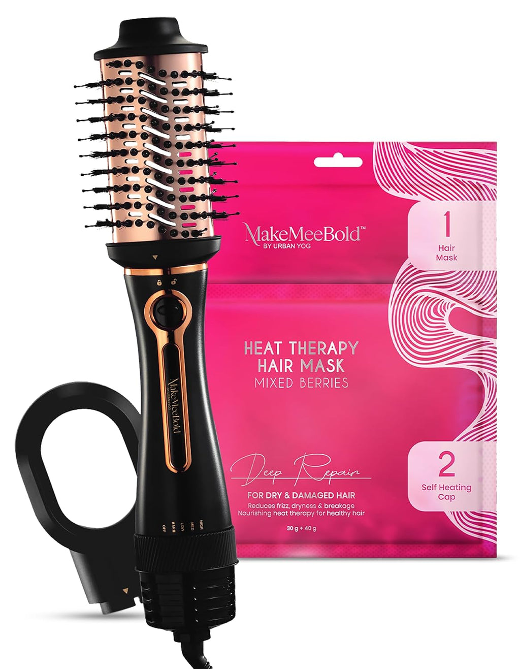 Urban Yog MakeMeeBold 3‑in‑1 Hot Air Brush + Heat Therapy Hair Mask Pack | Professional Blow Dry & Hair Repair Combo | Strengthen, Hydrate & Shine