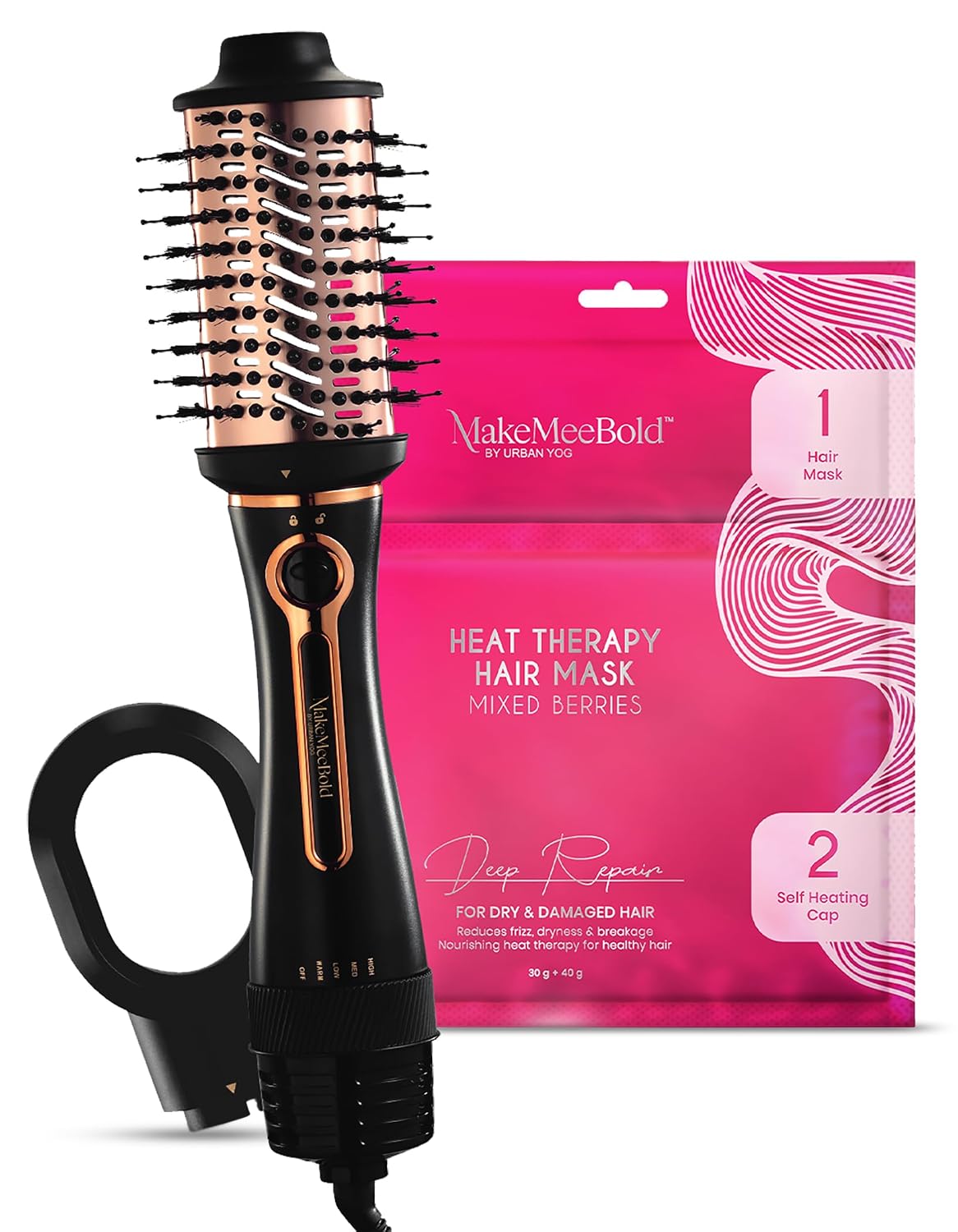 Urban Yog MakeMeeBold 3‑in‑1 Hot Air Brush + Heat Therapy Hair Mask Pack | Professional Blow Dry & Hair Repair Combo | Strengthen, Hydrate & Shine