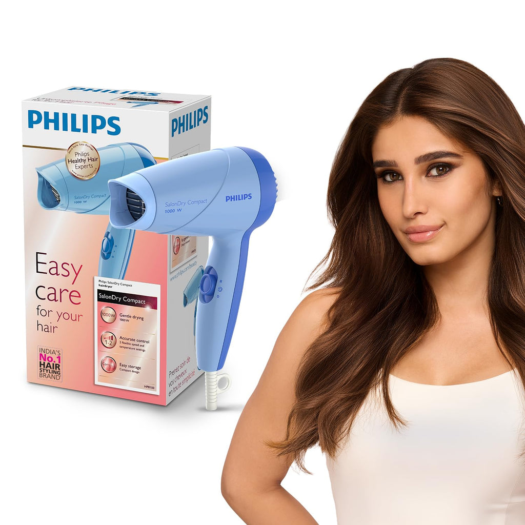 Philips India's No.1 Hair Styling Brand -Hair Dryer 1000W |Blow Dry for Men & Women | 2 Heat Settings| ThermoProtect tech |Travel-Friendly, Quick Dry, Frizz Control | For Indian Hair | HP8100/60 Blue