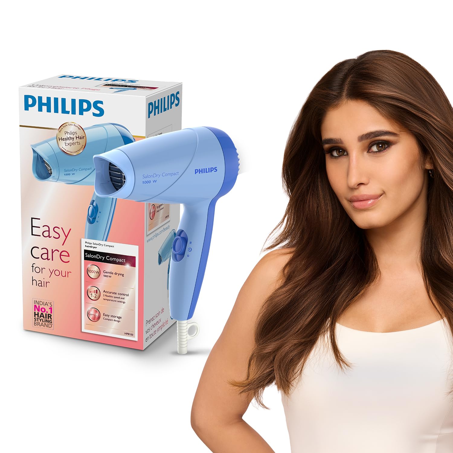 Philips India's No.1 Hair Styling Brand -Hair Dryer 1000W |Blow Dry for Men & Women | 2 Heat Settings| ThermoProtect tech |Travel-Friendly, Quick Dry, Frizz Control | For Indian Hair | HP8100/60 Blue