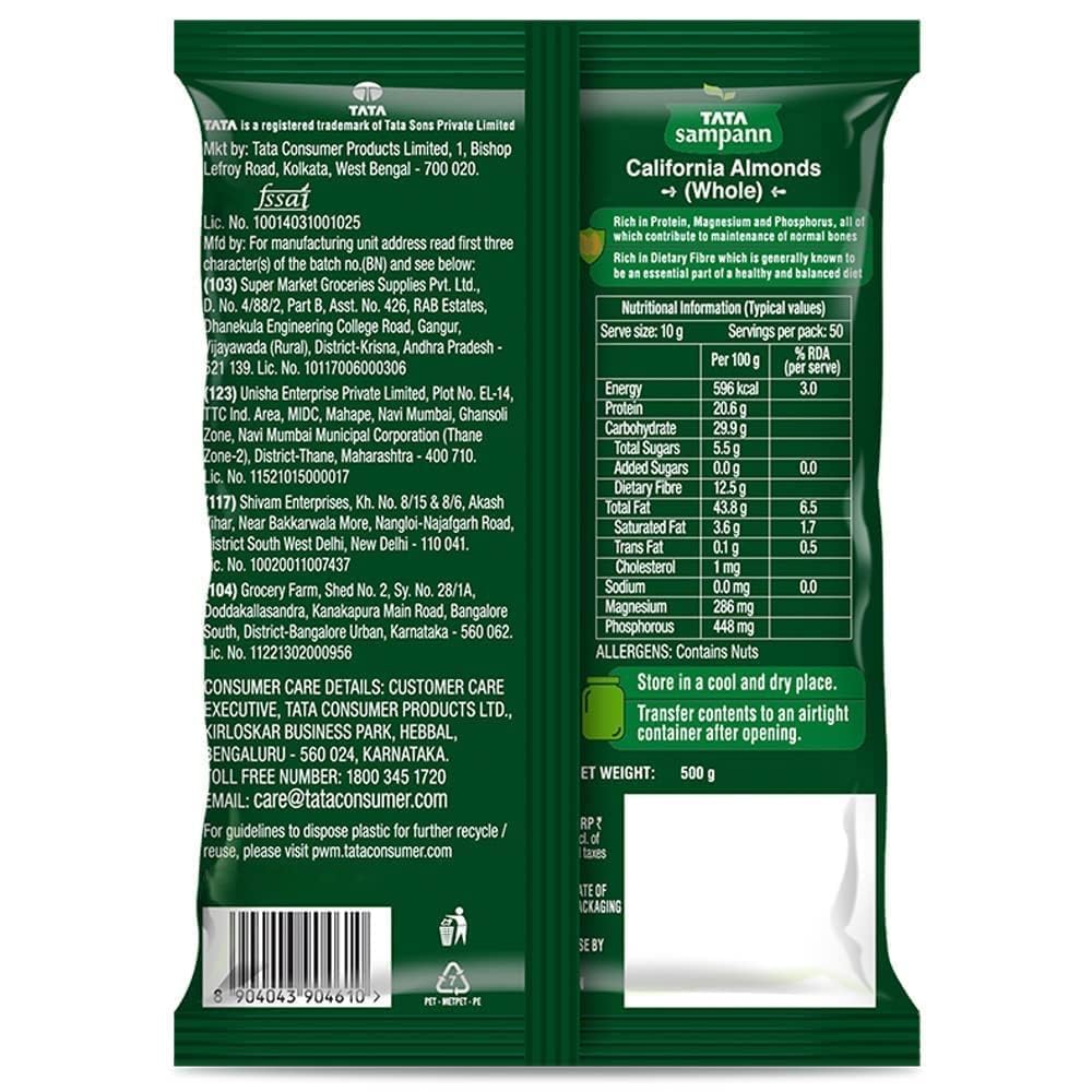 Tata Sampann Pure California Almonds/Badam Whole, 500g