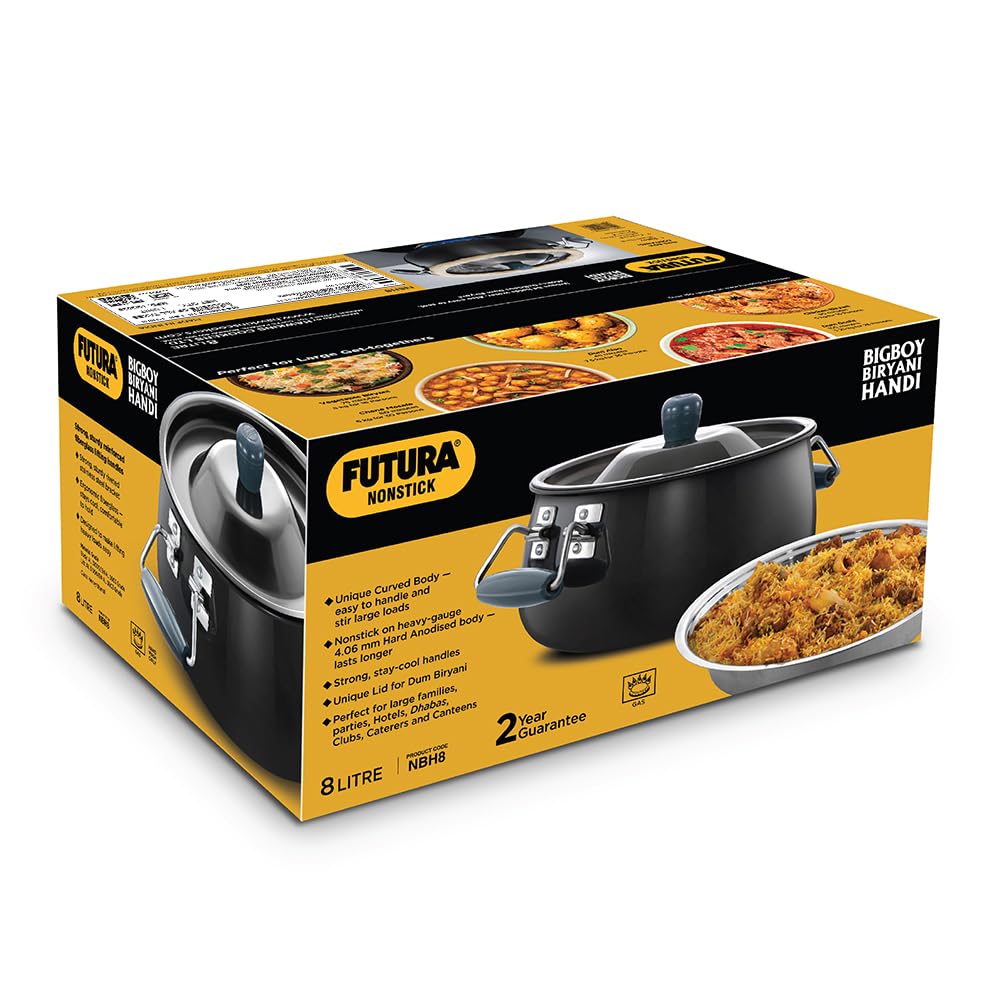 Hawkins Futura 8 Litre BigBoy Biryani Handi, Nonstick Pot with Hard Anodised Lid, Sauce Pan for Cooking and Serving Biriyani, Black (NBH8)