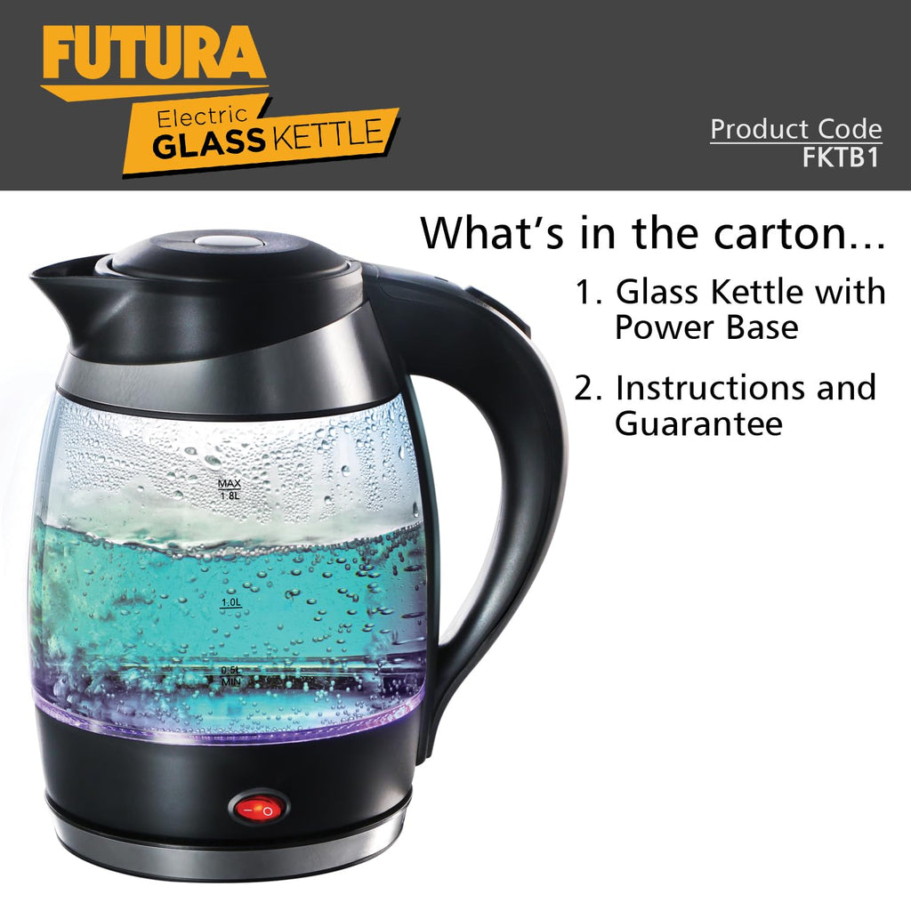 Hawkins Futura 1.8 Litre Electric Glass Kettle, 1300W Electric Hot Water Kettle for Tea, Coffee, Soup, Gargling, Black (FKTB1