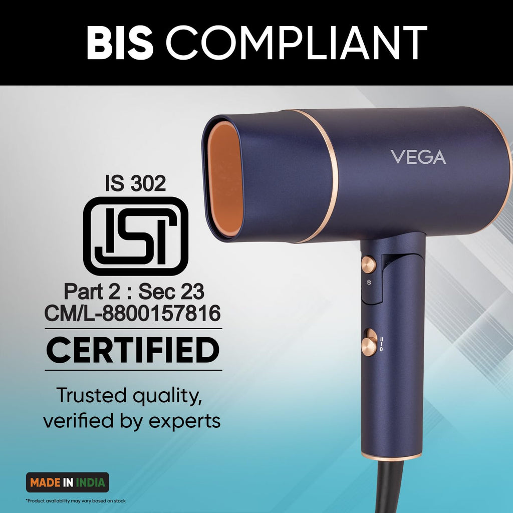 Vega Ionic 1200-1400W Foldable Hair Dryer for Men and Women, Quick & Fast Drying with Ionic Technology & 2 Heat/Speed Settings (Low & High), Cool Shot Button, Detachable Nozzle, Blow Dryer (VHDH-35)