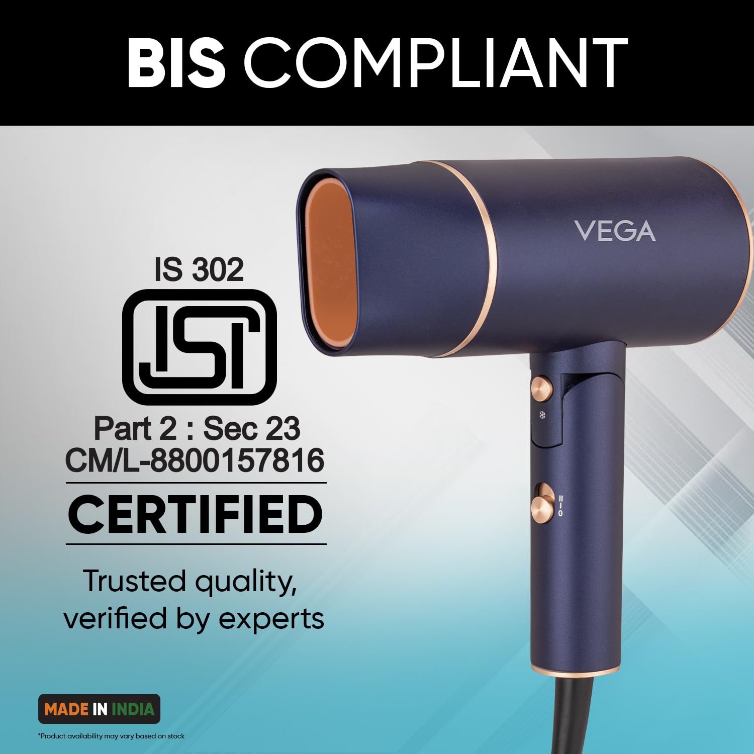 Vega Ionic 1200-1400W Foldable Hair Dryer for Men and Women, Quick & Fast Drying with Ionic Technology & 2 Heat/Speed Settings (Low & High), Cool Shot Button, Detachable Nozzle, Blow Dryer (VHDH-35)