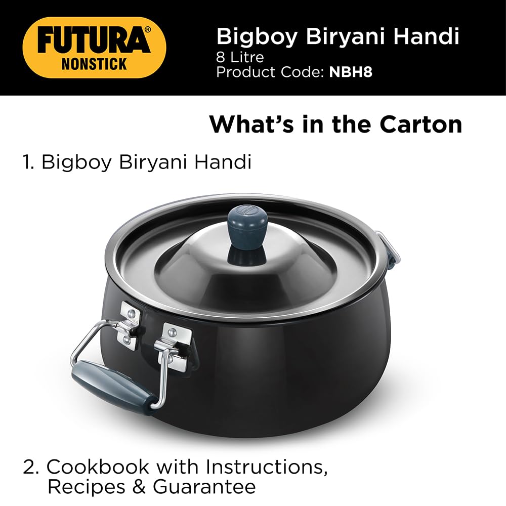 Hawkins Futura 8 Litre BigBoy Biryani Handi, Nonstick Pot with Hard Anodised Lid, Sauce Pan for Cooking and Serving Biriyani, Black (NBH8)