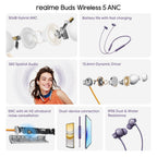 realme Buds Wireless 5 ANC in Ear Bluetooth Headphones,50dB ANC, 13.6mm Dynamic Bass Driver,360? Spatial Audio,45ms Low Latency,Upto 38hrs Playback,IP55 Rating,Dual Device Connection(Twilight Purple)