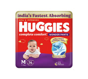 Huggies Complete Comfort Wonder Pants | Pant Style Baby Diapers Medium Size (M), 76 Count | India's Fastest Absorbing Diaper, Prevents Diaper Rash, Ideal for 7 to 12 Kgs