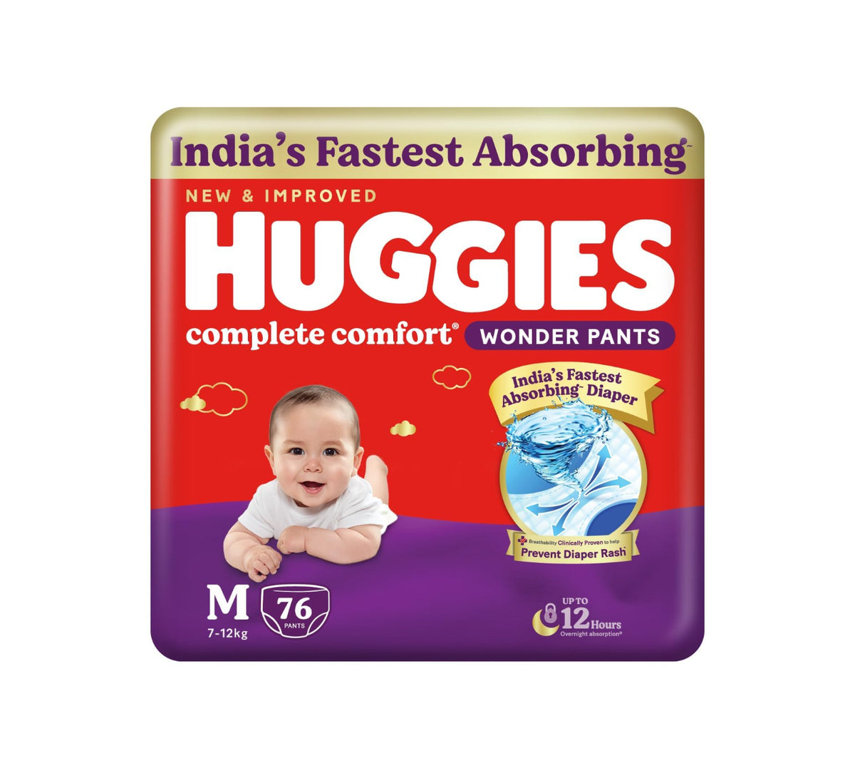 Huggies Complete Comfort Wonder Pants | Pant Style Baby Diapers Medium Size (M), 76 Count | India's Fastest Absorbing Diaper, Prevents Diaper Rash, Ideal for 7 to 12 Kgs