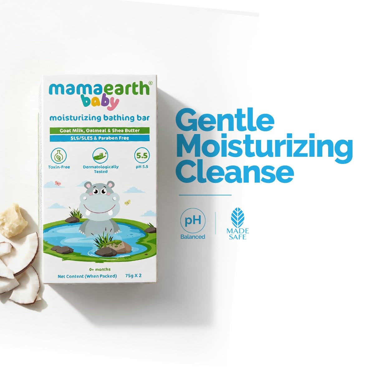 Mamaearth Moisturizing Bathing Bar For Babies - 75 g x 2 | Infused with Goat Milk, Oatmeal and Shea Butter | Gently Cleanses, Retains Moisture, Balanced at 5.5 pH