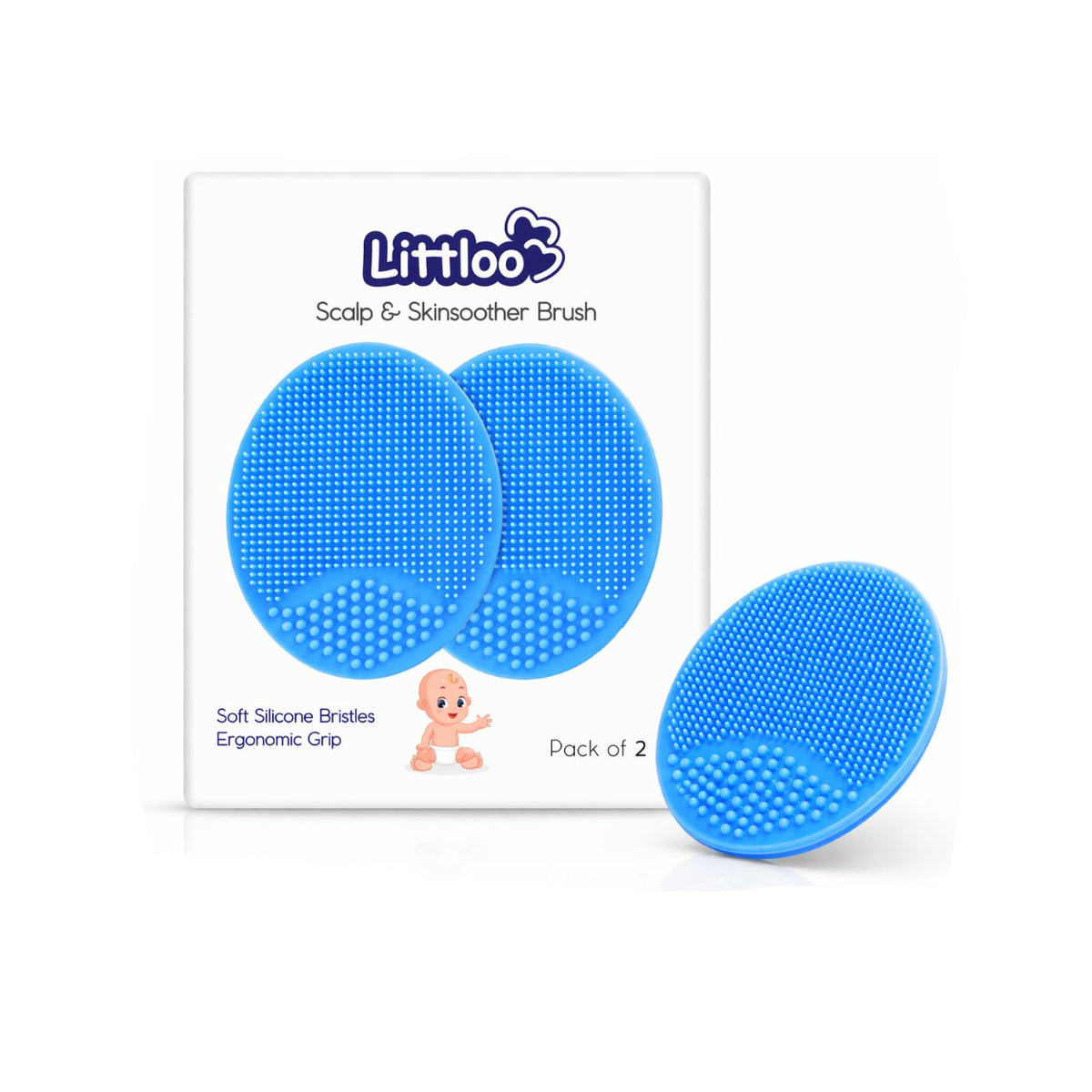 Littloo Gentle Scalp and Skin Soother Brush for Baby Cradle Cap - Soft Silicone Bristles for Safe and Effective Care - Blue (Pack of 2)