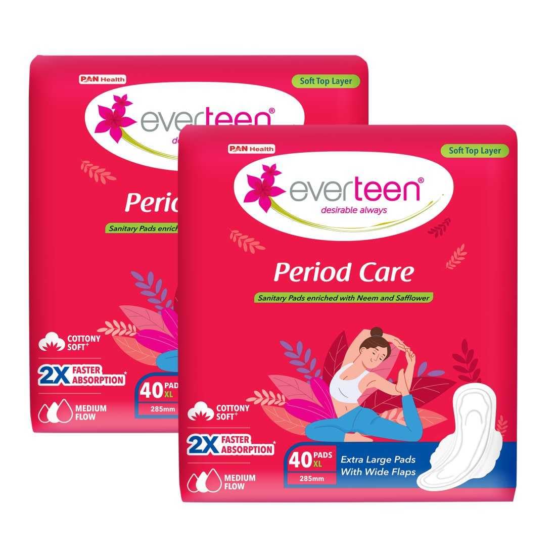 everteen sanitary pads XL 40 for Women, Enriched with Neem and Safflower, Rash Free Period Pads For Medium Flow, Locks Odour & Wetness - 2 Packs (40 Pads Each)