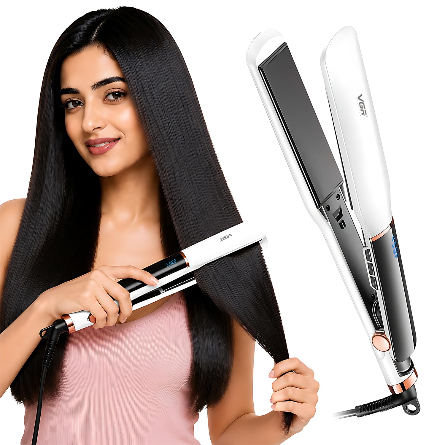 VGR V-519 Professional Hair Straightener - 38mm Ceramic Coating Plates, Max 450°F Heat, LED Display, 7 Temperature Settings, 2.0m Swivel Cord, Ultimate Styling Tool for Women & Salon Use (White)