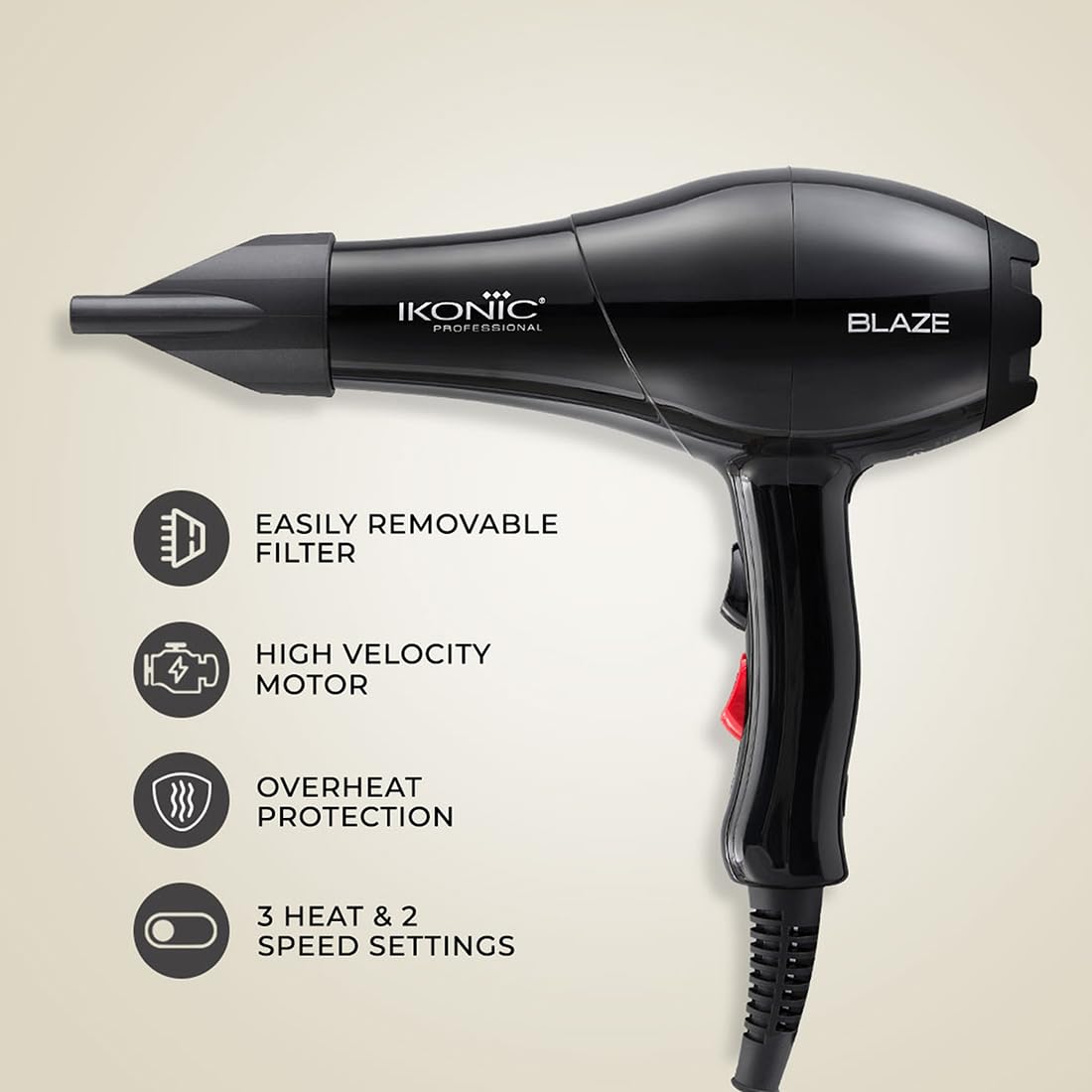 Ikonic Professional Blaze Hair Dryer 1800 Watts-2000 Watts 3 Heat And 2 Speed Setting Combination Powerful Ac Motor Comes With 2 Interchangeable Nozzles, For Both Men And Women, Suitable For All Hair Types, 1 Yr Warranty Black