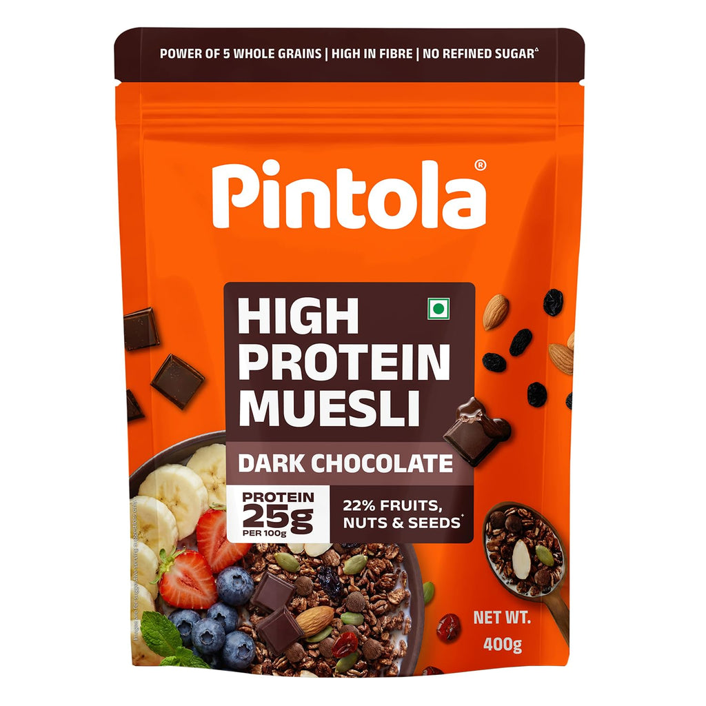 Pintola 25g High Protein Dark Chocolate & Cranberry Muesli 400g, No Refined Sugar, High Fibre, Breakfast Cereal