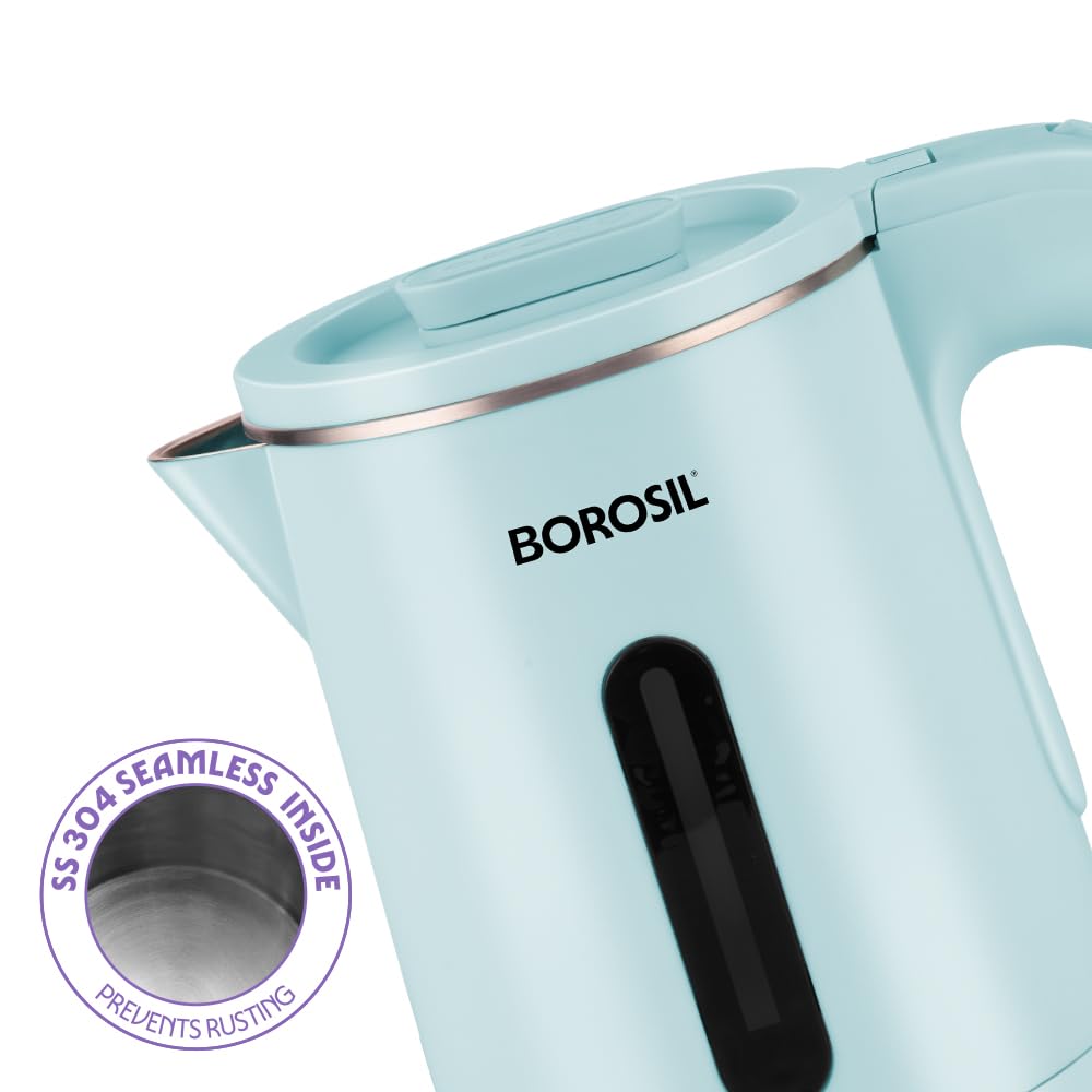 Borosil 800ml Eva Cool Touch Stainless Steel Electric Kettle | Made in India | 360° Rotating Base, Auto Cut-Off, Dry Boil Protection | Boil Water for Tea, Coffee & Soup | 1 Year Warranty