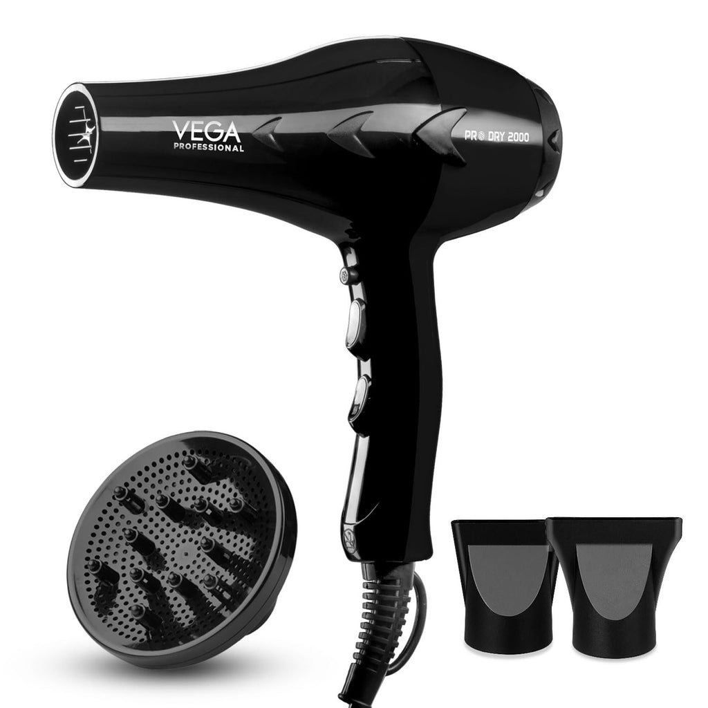 VEGA PROFESSIONAL Pro Dry 2000 Watts Hair Dryer with Diffuser & Nozzle Attachments for Every Day Styling at Home| Cool Shot Button and Combination of 4 Heat & 2 Speed Settings, Black, (VPVHD-13)