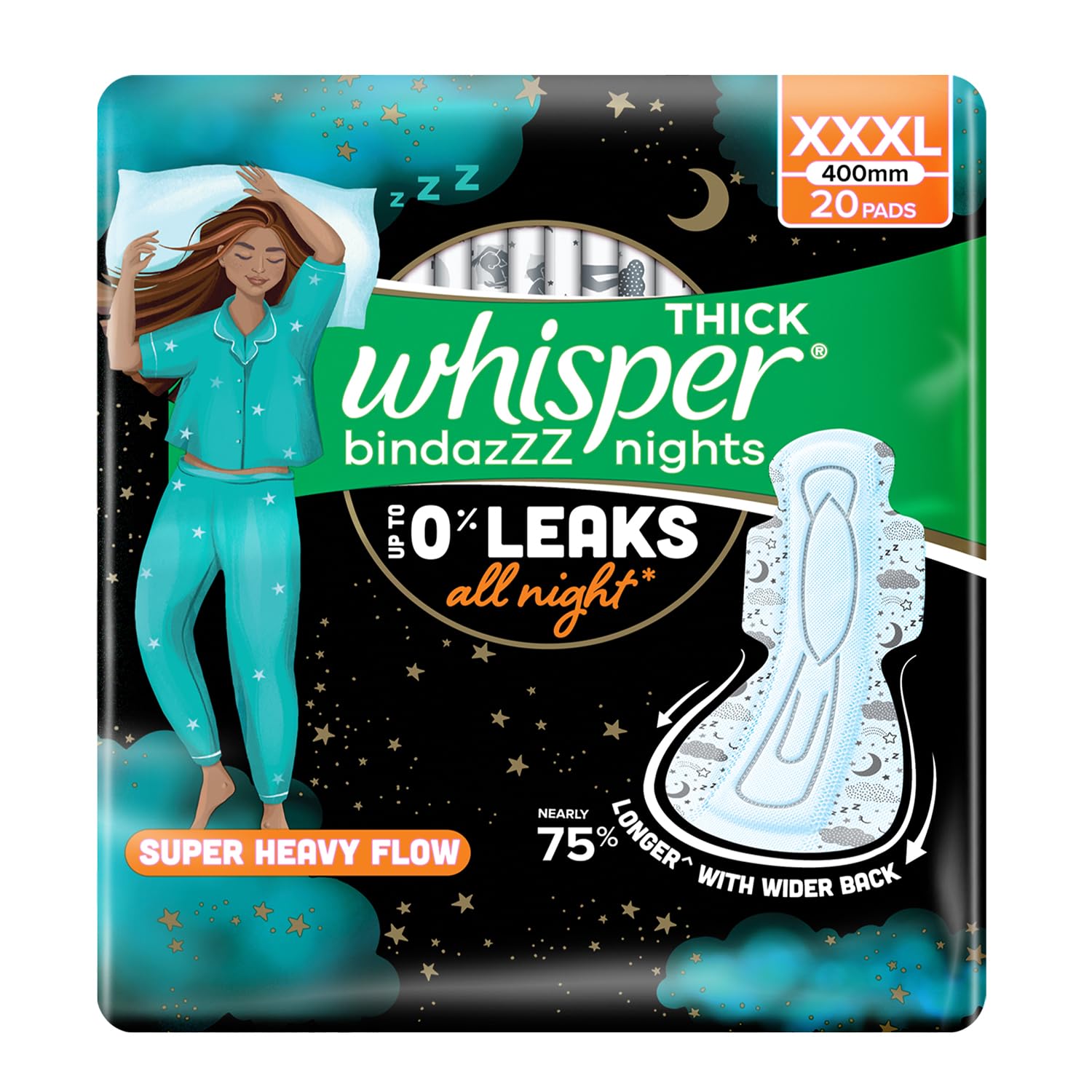 Whisper bindazzz Nights Pads For Women, XXX-Large Pack of 20 pads