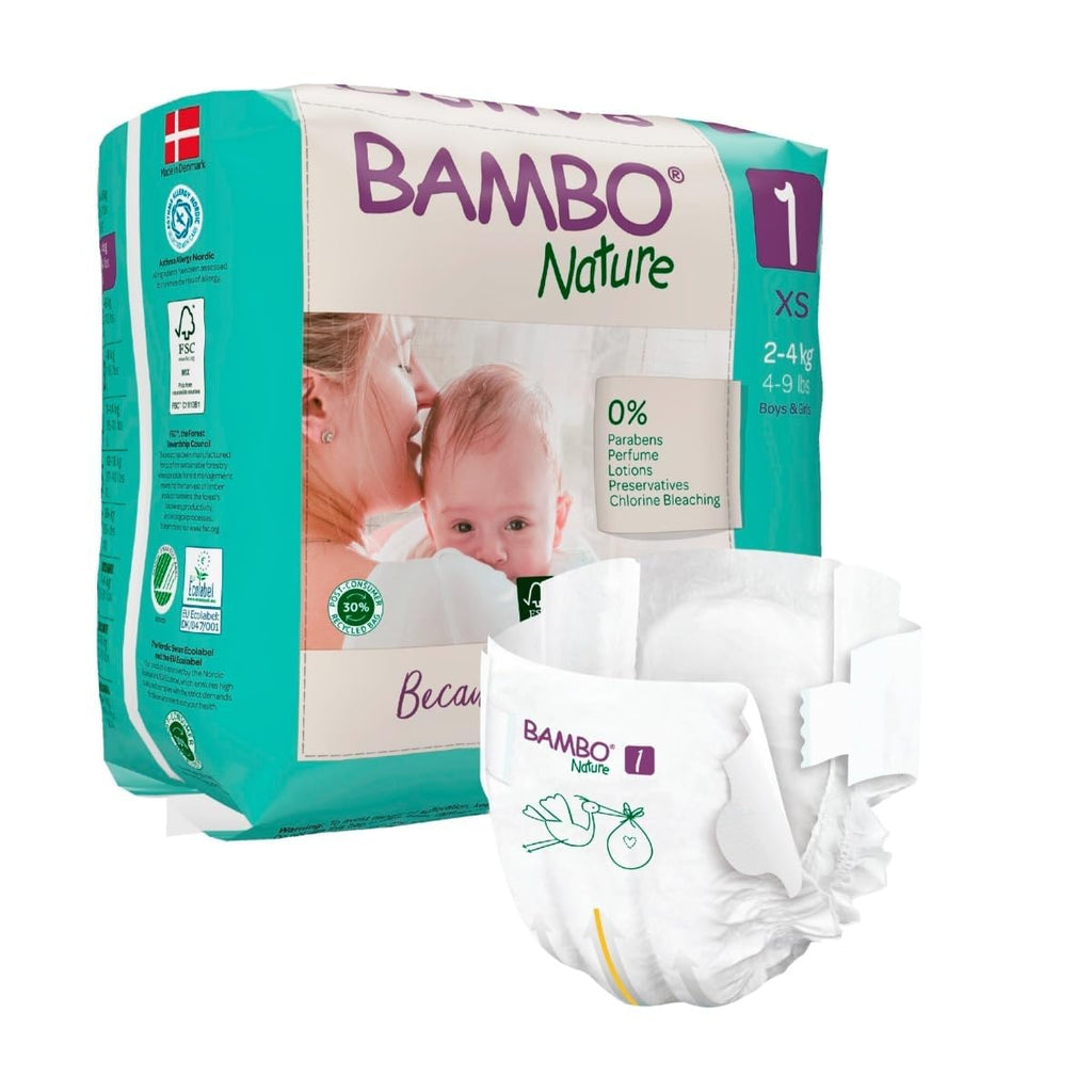 Bambo Nature Premium Baby Tape Diapers for New Born Baby XS Size (2-4 Kgs) - Super Absorbent, Breathable, Extra Soft, Dermatologically Tested, Hypoallergenic Nappies With A Wetness Indicator, 66 Count