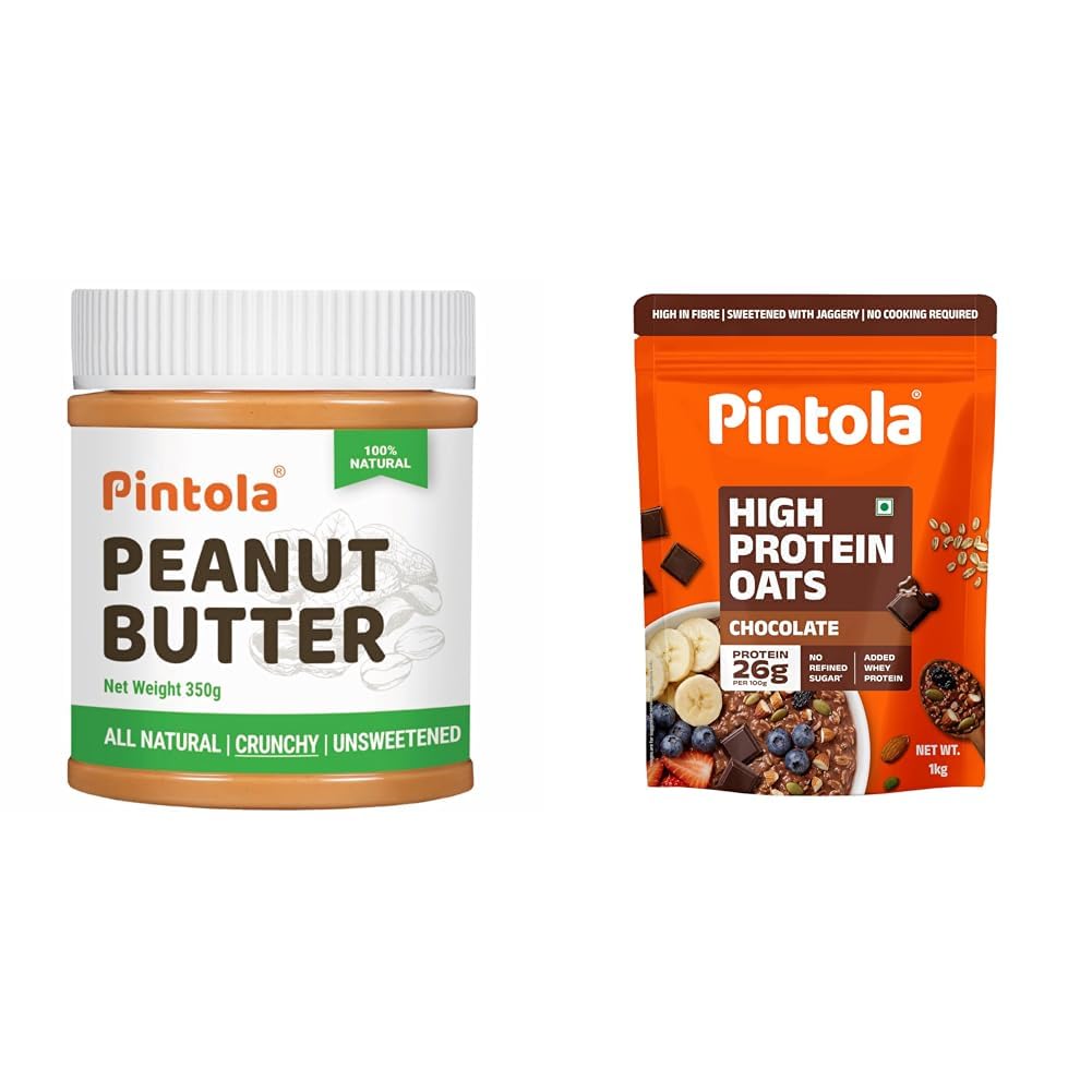 Pintola All Natural Peanut Butter Crunchy 350g | Smooth, Unsweetened, 30g Protein | Gluten & + PINTOLA 25g High Protein Oats 1kg, Dark Chocolate,No...