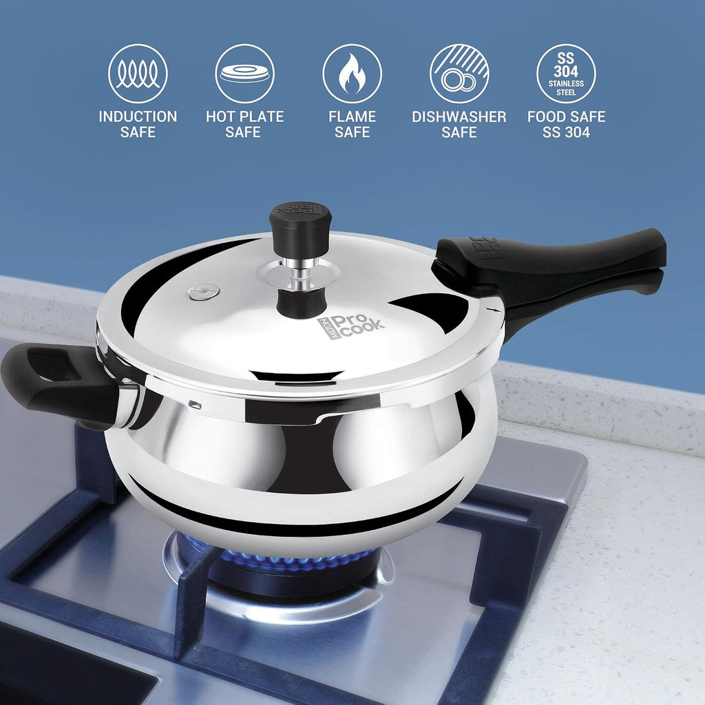 Milton Pro Cook Induction Cookware & Gas Stove Friendly Triply Stainless Steel Curve Pressure Cooker 1.5 Litre With Dual Lid | Outer Lid & Glass Lid | Gasket Release System | 5 Year Warranty | Silver