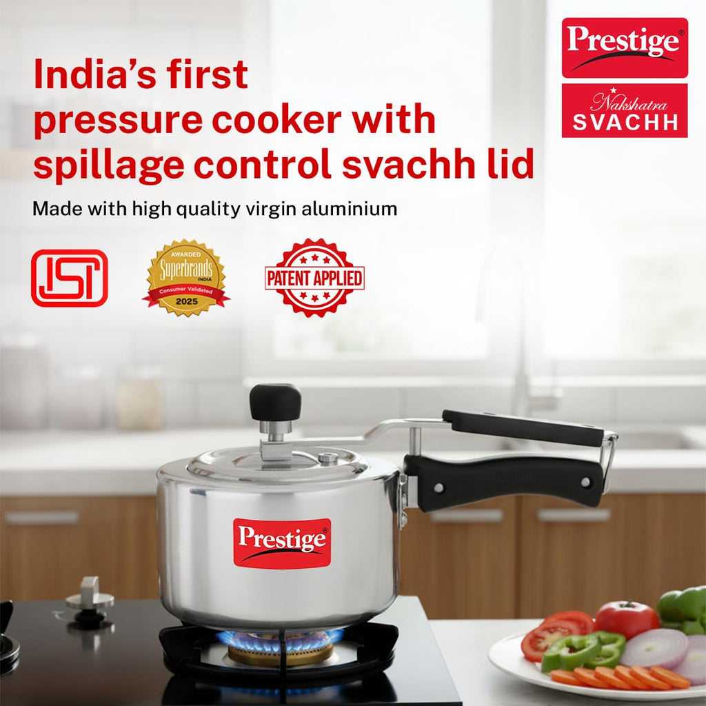 Prestige 1.5Litre Aluminium Nakshatra Svachh Innerlid Pressure Cooker|Deep lid for spillage control|Virgin Aluminium|Gas Compatible|Metallic Safety Plug|Sturdy Handles|5 Years warranty|ISI Certified