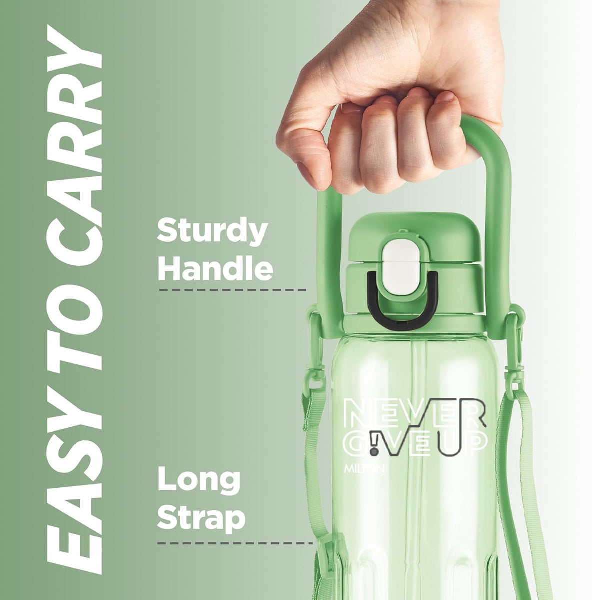MILTON Regan 850 2-in-1 Lid Sip or Gulp Water Bottle | Sturdy Handle And Strap I BPA Free| Food-Grade | One-Touch Open | Leak-Proof | Ideal for Office, School, College, Gym | 836ml, Green