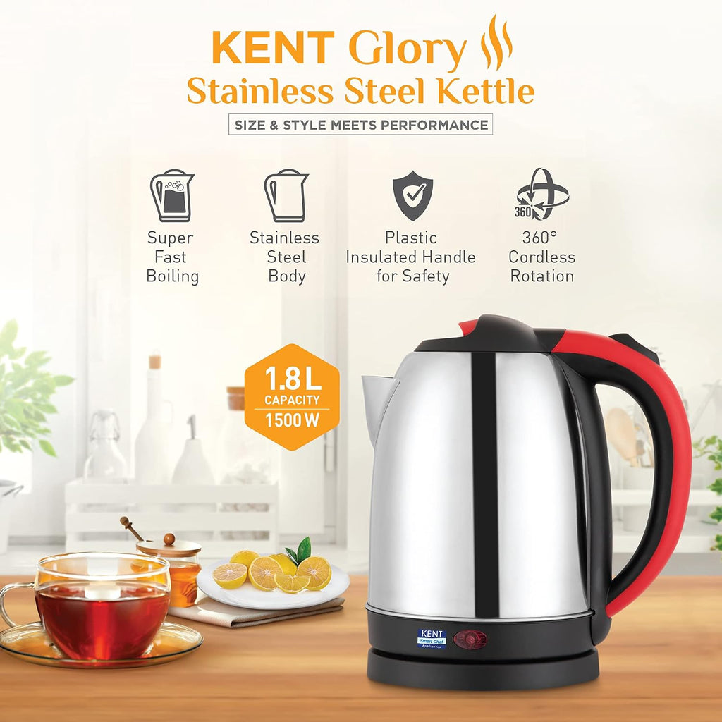 KENT 16099 Glory Electric Steel Kettle 1.8 L 1500 W | Stainless Steel body | Auto Shut-Off | 360° Rotating Base | 1 Year Warranty
