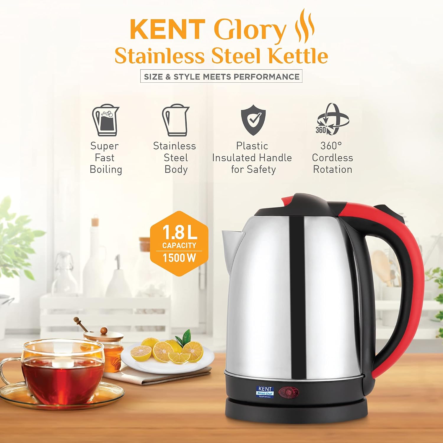 KENT 16099 Glory Electric Steel Kettle 1.8 L 1500 W | Stainless Steel body | Auto Shut-Off | 360° Rotating Base | 1 Year Warranty