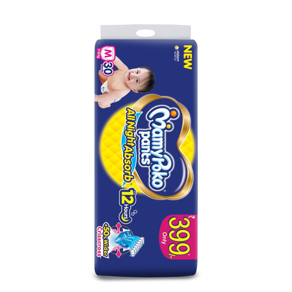 MamyPoko Pants All Night Absorb Baby Diapers, Medium (M), 30 Count 7-12 kg