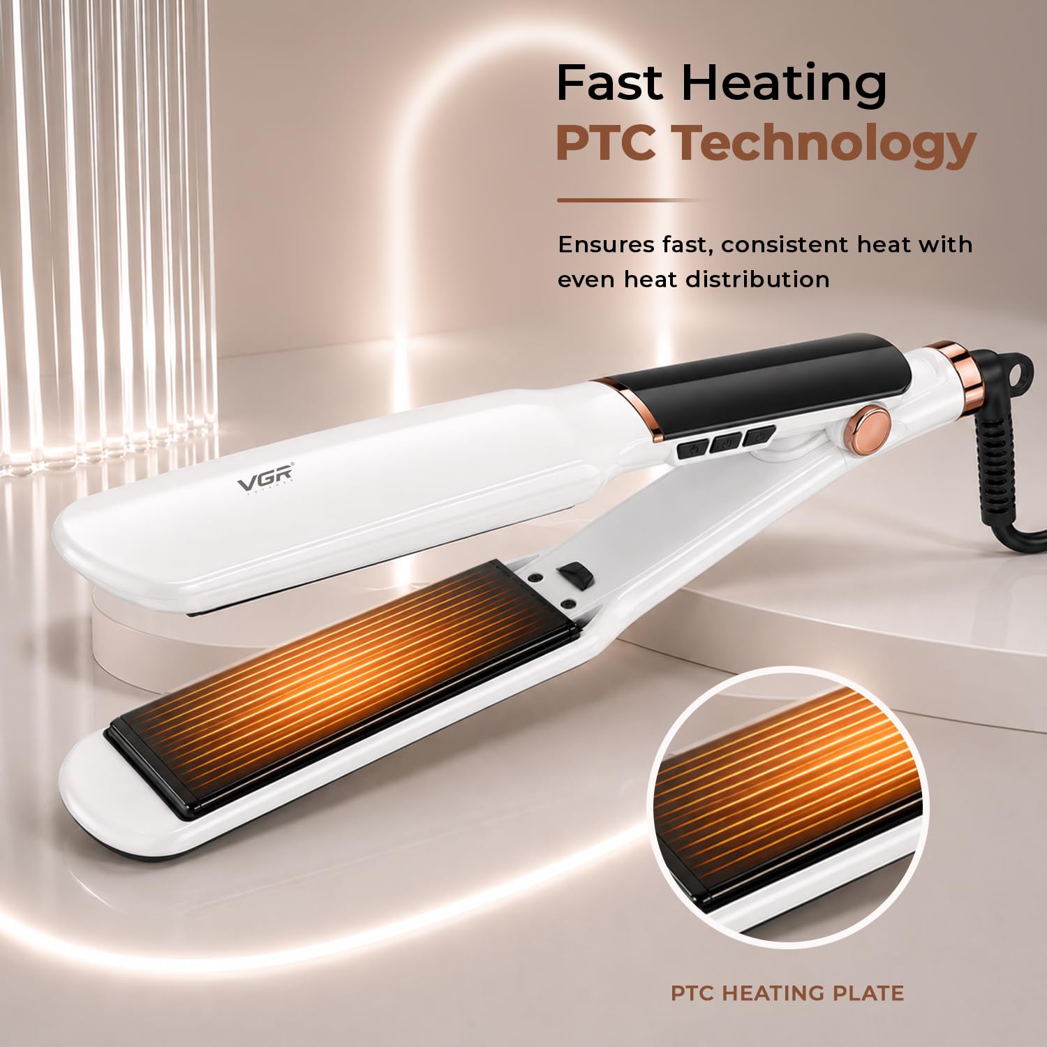 VGR V-519 Professional Hair Straightener - 38mm Ceramic Coating Plates, Max 450°F Heat, LED Display, 7 Temperature Settings, 2.0m Swivel Cord, Ultimate Styling Tool for Women & Salon Use (White)