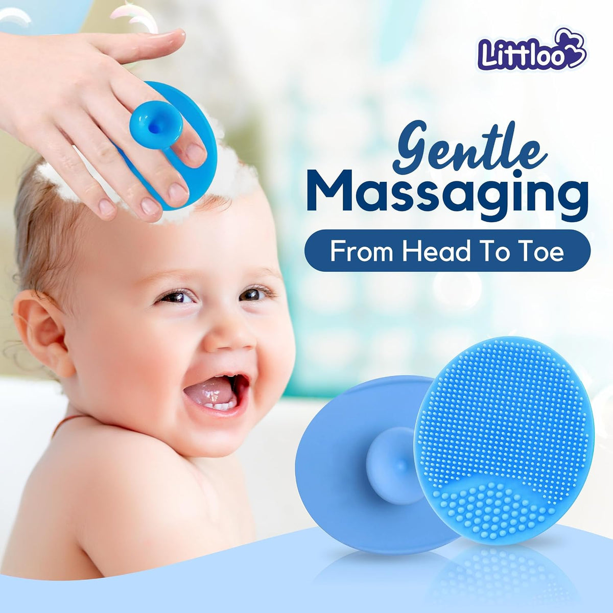 Littloo Gentle Scalp and Skin Soother Brush for Baby Cradle Cap - Soft Silicone Bristles for Safe and Effective Care - Blue (Pack of 2)