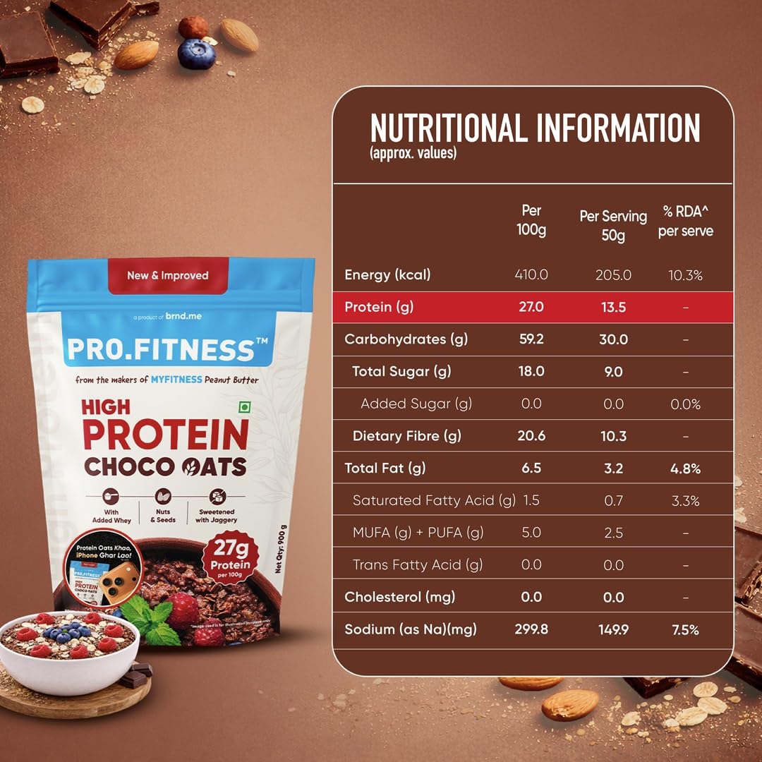 PRO.FITNESS 27g High Protein Oats 900g (By MyFitness) | Dark Chocolate Oats with Almonds, Pumpkin Seeds and Raisins| Chocolate Rolled Oats with Jaggery - No Refined Sugar | Breakfast Cereals