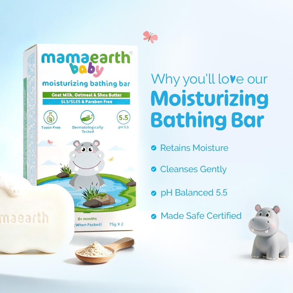 Mamaearth Moisturizing Bathing Bar For Babies - 75 g x 2 | Infused with Goat Milk, Oatmeal and Shea Butter | Gently Cleanses, Retains Moisture, Balanced at 5.5 pH