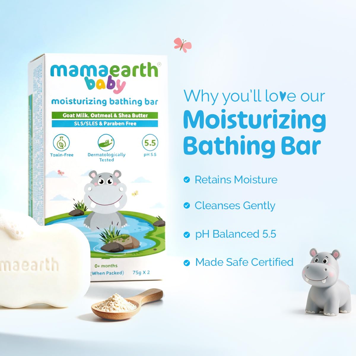 Mamaearth Moisturizing Bathing Bar For Babies - 75 g x 2 | Infused with Goat Milk, Oatmeal and Shea Butter | Gently Cleanses, Retains Moisture, Balanced at 5.5 pH