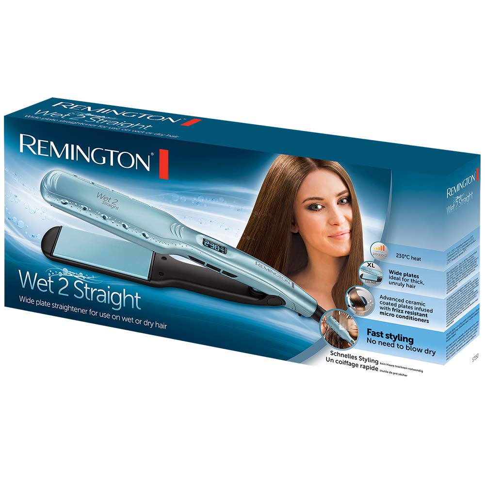 Remington S7350 Wet2straight Wide Plate Hair Straightener | For Wet & Dry Use, Drying & Straightening Hair, Argan Oil Care and Vitamin E | Heat-Activated Anti-Frizz Micro Active Ingredients, 140-230°C| 5 Year Guarantee