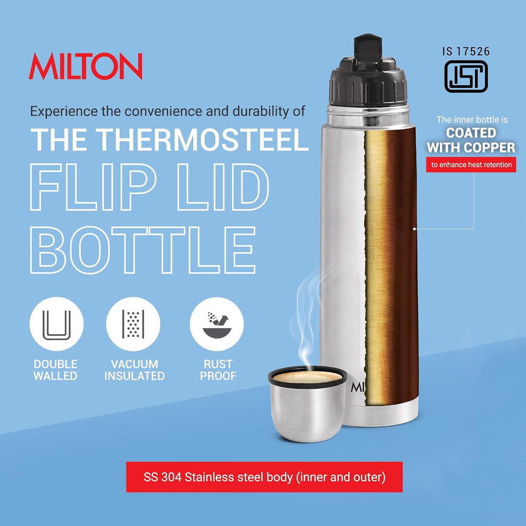 Milton Flip Lid 1000 Thermosteel Water Bottle 1 LTR, 24 Hr Hot and Cold I Leak Proof Lid, ISI Certified I Vacuum Insulated I for Office, Gym, School I Silver