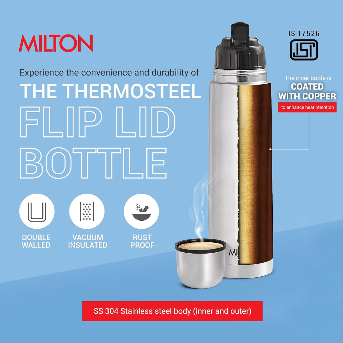 Milton Flip Lid 1000 Thermosteel Water Bottle 1 LTR, 24 Hr Hot and Cold I Leak Proof Lid, ISI Certified I Vacuum Insulated I for Office, Gym, School I Silver