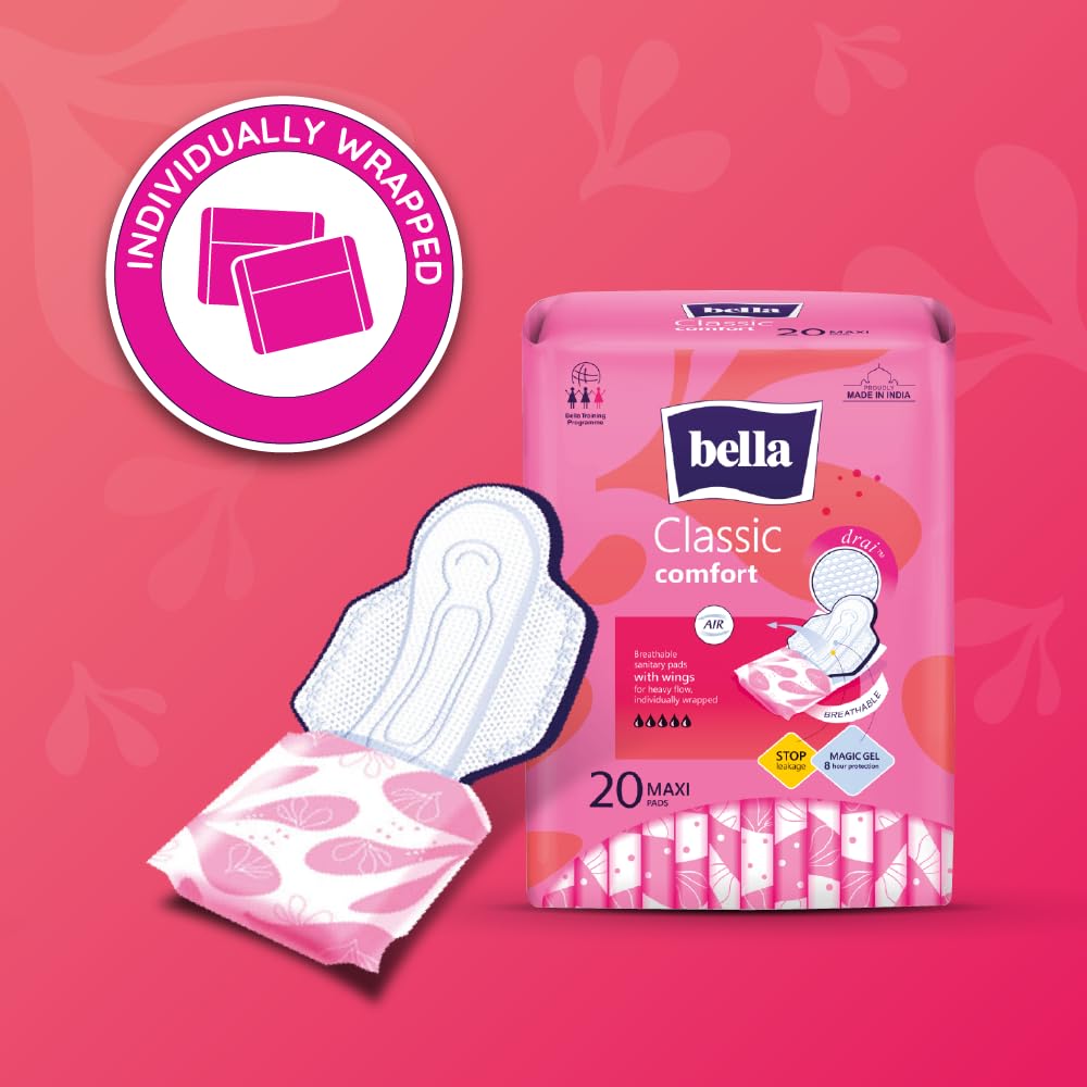Bella Classic Comfort Maxi Drai Sanitary Pads XL - 20pcs | Maximum Dryness | 28 Cm Long With Wings | Rash Free Period | Suitable For Heavy Flow | Disposable Wrap | Lock Gel & Odor stop